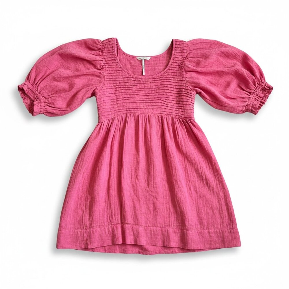 Free People Elsie Mini Dress Pink Cotton Linen Puff Sleeve Babydoll Small